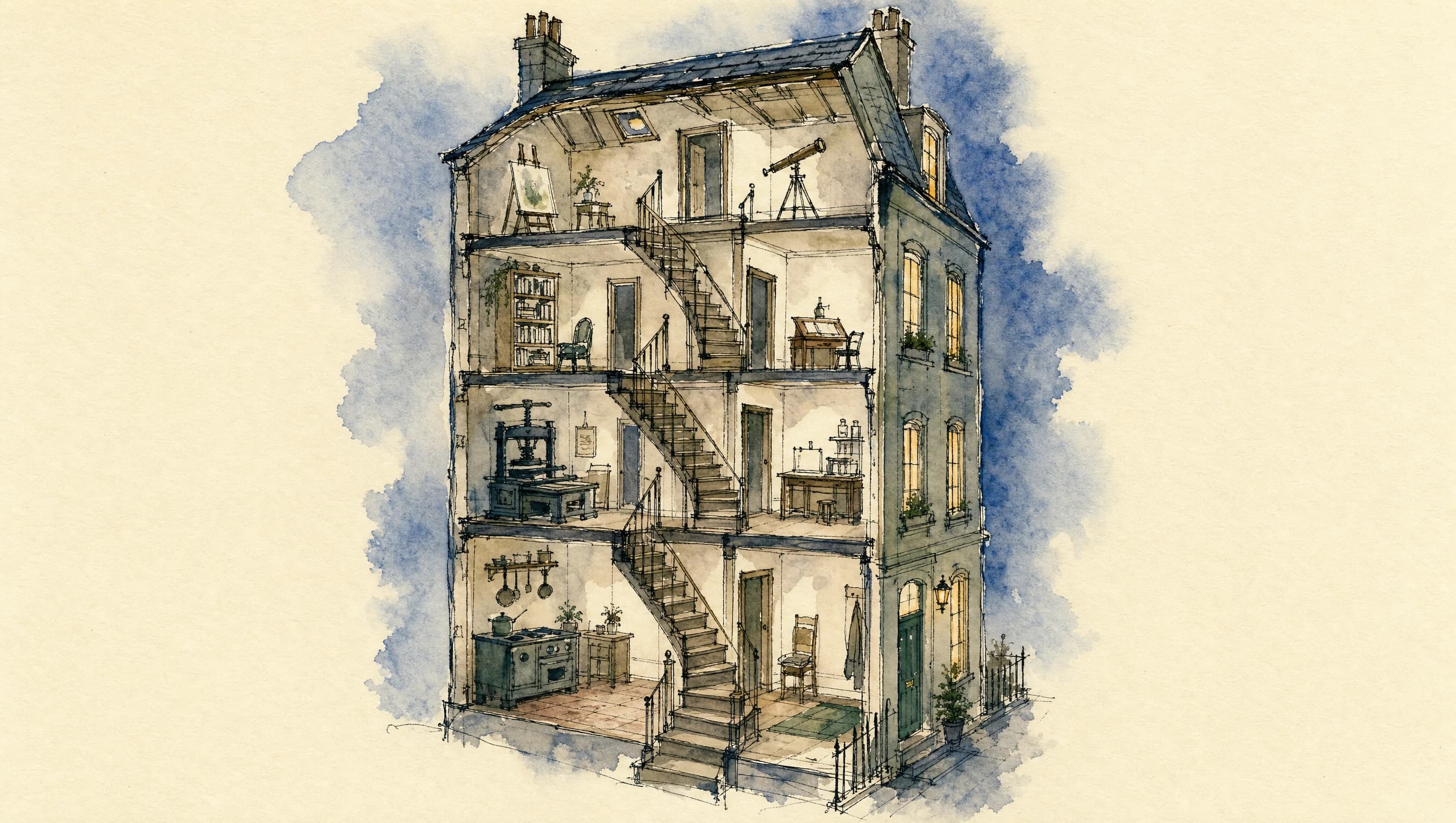A line and wash drawing of the Tenth Meridian offices